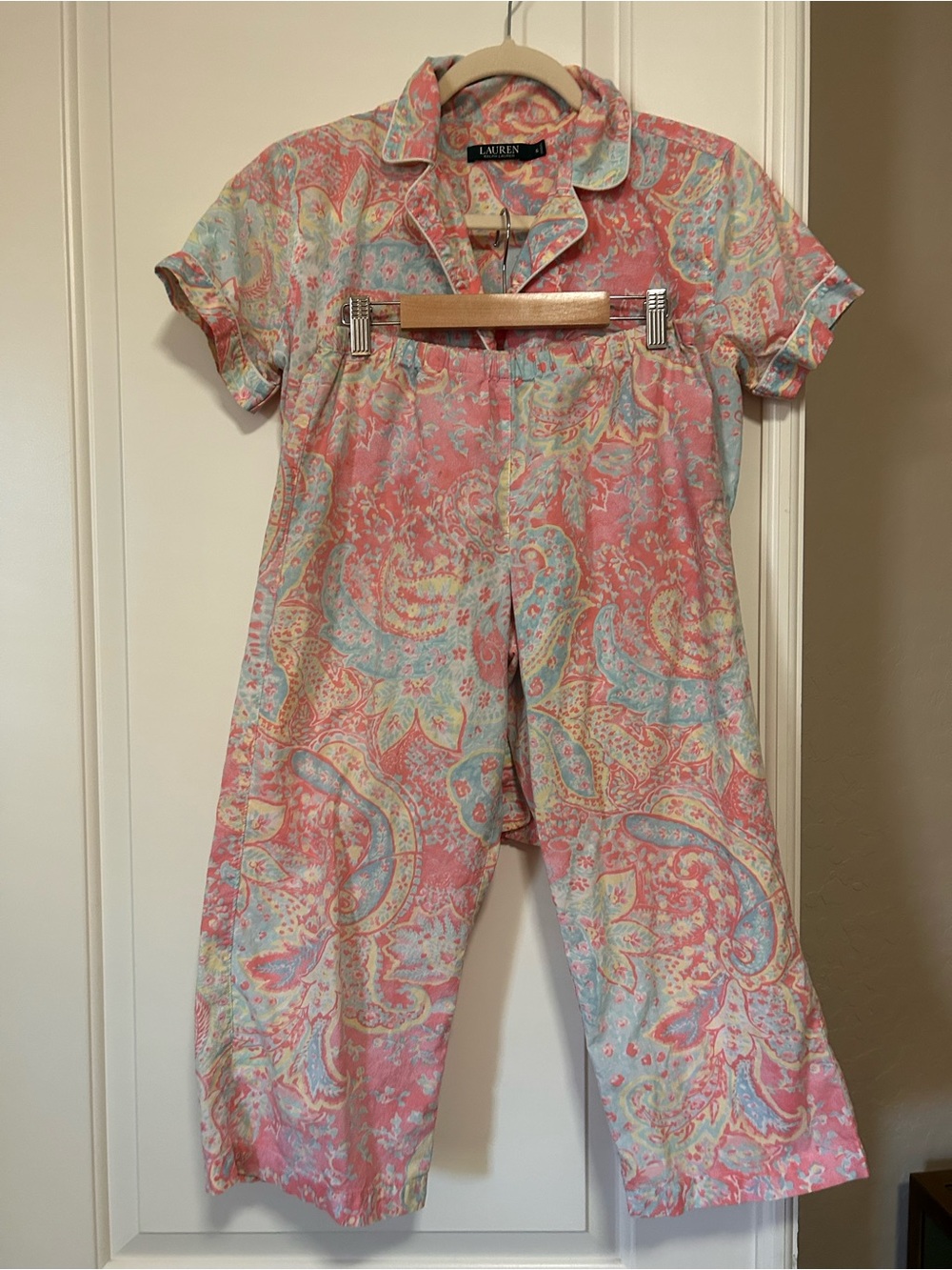 🎀🌸💕Ralph Lauren Baby Pink & Blue Paisley Short-Sleeve Capri Pajama Set💕🎀🌸